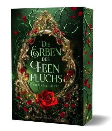 Das Cover zeigt einen verzierten goldenen Rahmen auf dunkelgrünem Hintergrund. Darin befindet sich der Titel. Umgeben wird beides von grünen Dornenranken, roten Rosenblättern und Rosen.